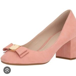 Cole Haan Blush Pink Suede Block Heel Pumps with Bow Accent